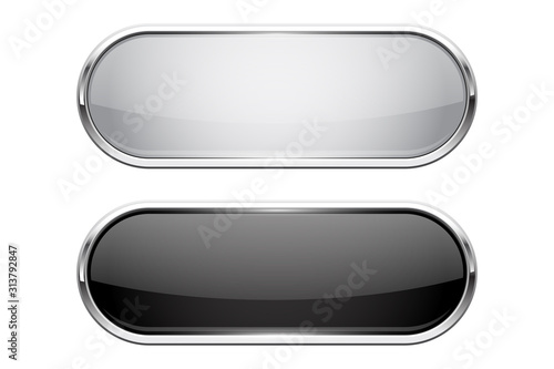 Web buttons. Black and white shiny oval icons with chrome frame