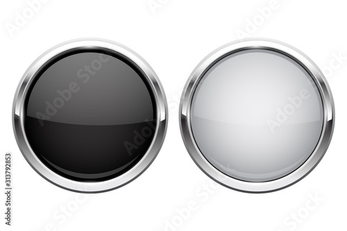 Push buttons. Glass round icons with chrome frame
