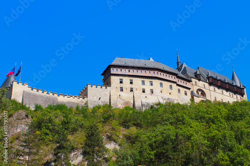 View of Karlstein Castle - a large Gothic castle founded 1348 by Charles IV in Bohemia