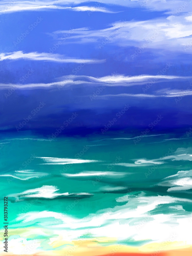 Digital illustration. Scenery. Sea beach. Turquoise sea and blue sky. White foam of waves and splashes of white foam.