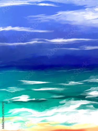 Digital illustration. Scenery. Sea beach. Turquoise sea and blue sky. White foam of waves and splashes of white foam.