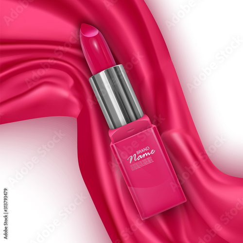 Realistic red lipstick on bright pink silk or velvet fabric background, cosmetic Open tubes with cosmetics for women makeup, advertising poster for magazine, vector eps 10 format
