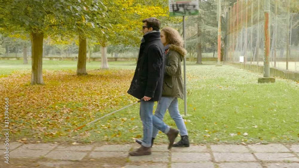 young blind man walking at the park with his friend - young blind man walking at the park with his friend -