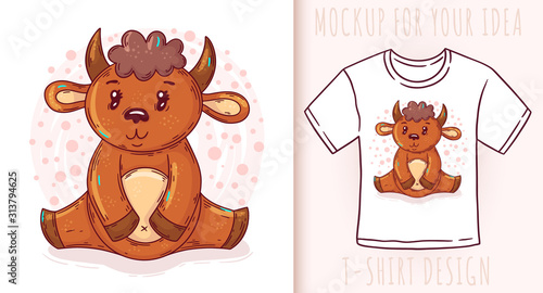 Cartoon cute baby bison. Vector illustration on white background.