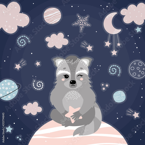 Cute racoon in space.