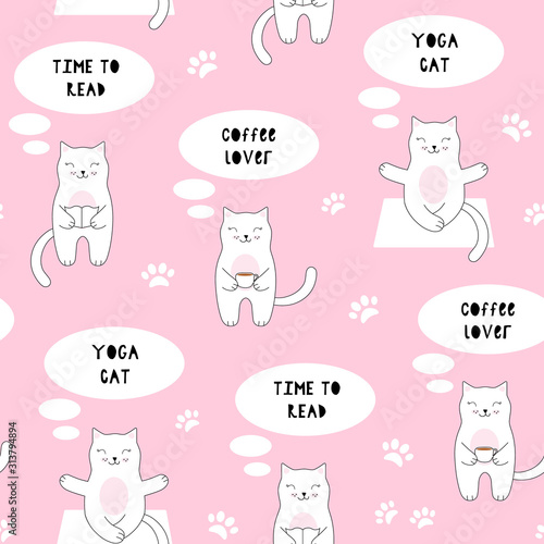 Seamless pattern with cute cat. Coffee, reading, yoga