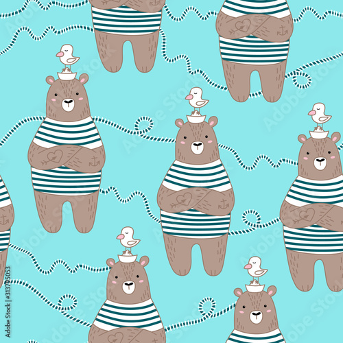 Seamless pattern with cute sailor bear.