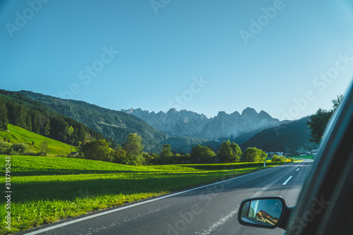 view from car window to austrian alps