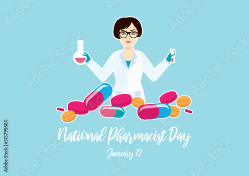National Pharmacist Day vector. Woman pharmacist vector. Woman in white lab coat. Woman in science icon vector. Pharmacist Day Poster, January 12. Important day