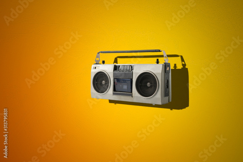 abstract retro simple radio cassette recorder isolated on color background, simple music listen on the party