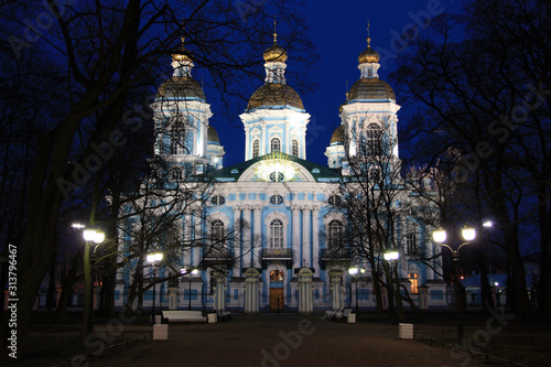Night view of the Saint Nicholas Naval Cathedral, the Sailor's Cathedral, in St. Petersburg, Russia