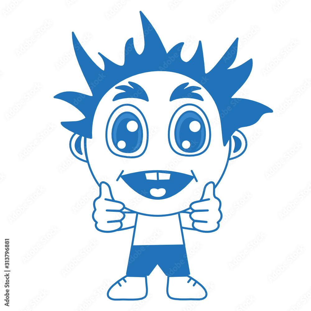 emoticon with a happy cool boy, you're awesome facial expression and thumbs up gesture, blue vector emoji on white isolated background