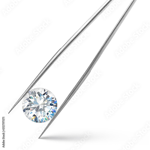 Fotografie Round Diamond in Tweezers on White Background