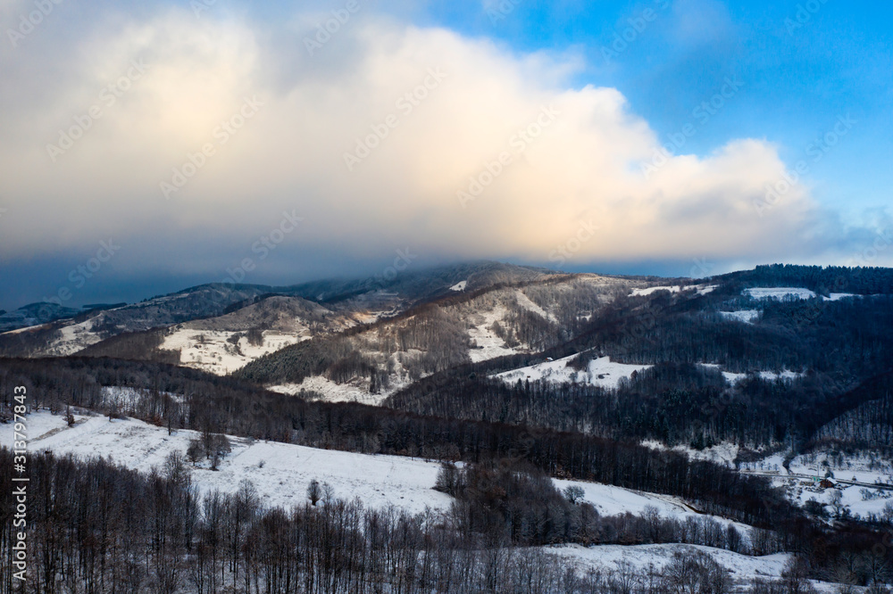 Transylvanian winter landscape drone view.