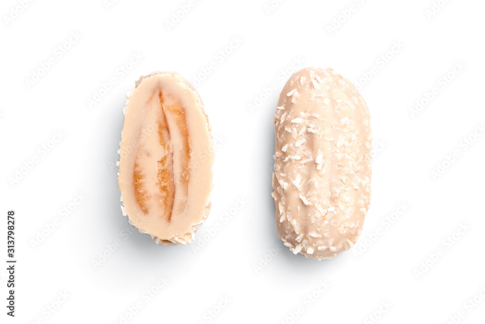 Coconut eclairs or custard cookies isolated on white background. Coconut eclairs or custard cookies isolated on white background.