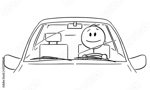 Vector cartoon stick figure drawing conceptual illustration of happy smiling man or driver enjoying driving a car. Front view.