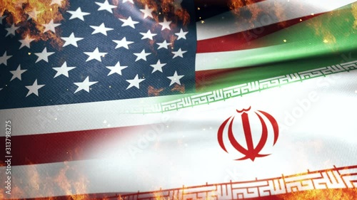 United States vs Iran waving flag on fire .crisis Political Tension 