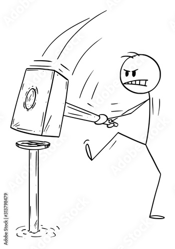 Vector cartoon stick figure drawing conceptual illustration of man or worker or carpenter with big hammer hitting the nail. Funny image.