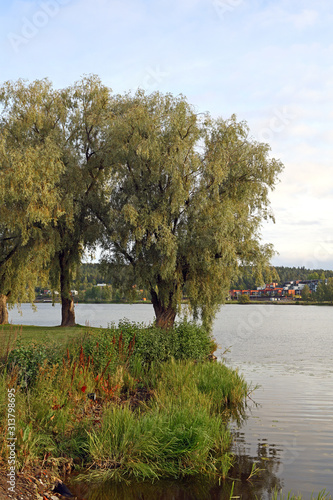 Linnanpuisto park on shore of lake Vanajavesi in Hameenlinna, Suomi photo