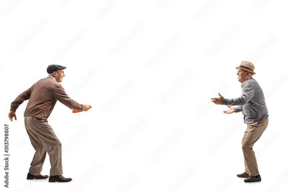 Two senior men playing with a plastic disk Two senior men playing with a plastic disk