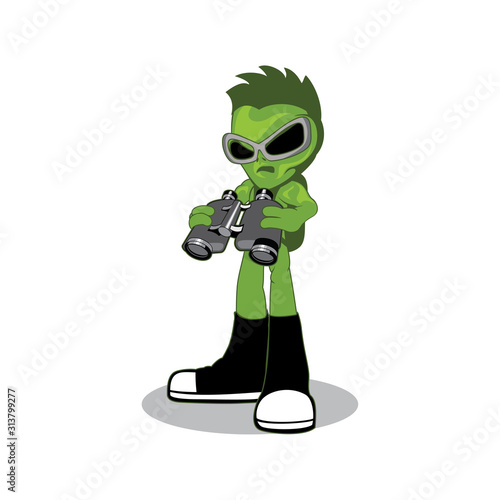 Vector of green alien character wearing shoes, backpack and   sunglass holding binoculars isolated white background design eps format