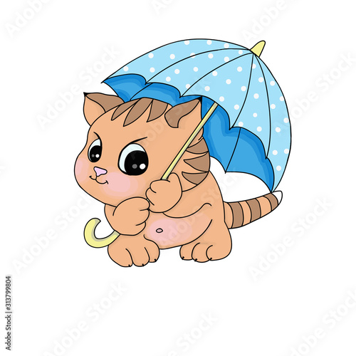 illustrations cute kitty under an umbrella carttoon checrful