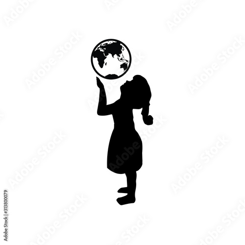 girl holding the earth.  chide care of planet icon. globe in children hands