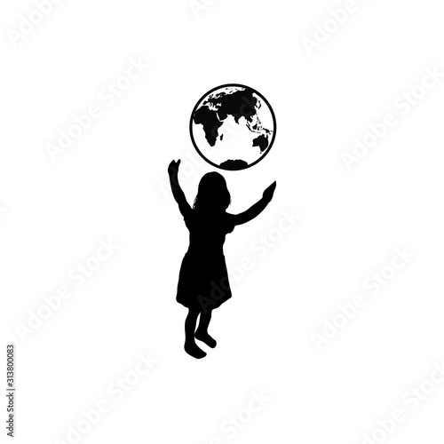girl holding the earth.  chide care of planet icon. globe in children hands
