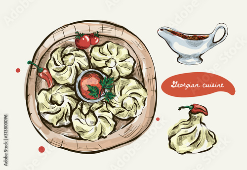 Hand drawn graphic illustration georgian cuisines. Vector