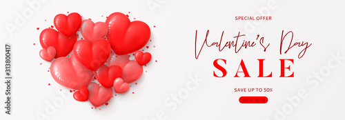 Valentine's Day sale banner. Vector illustration with realistic red and pink balloons and confetti on white background. Holiday greeting card.