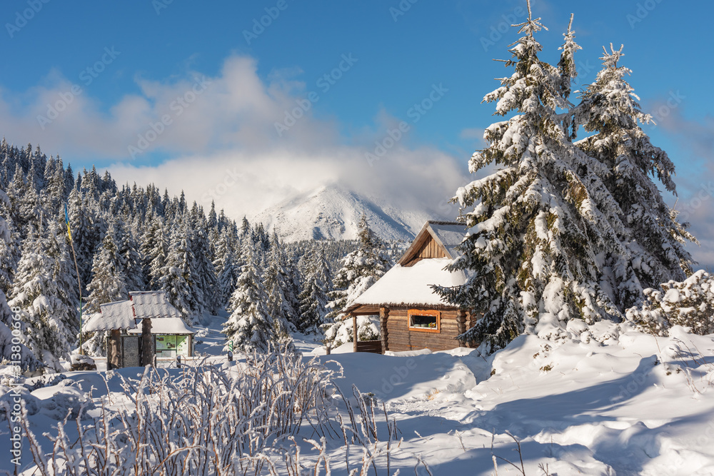 A charming evening with beautiful sky and mountain houses in the Ukrainian Carpathians