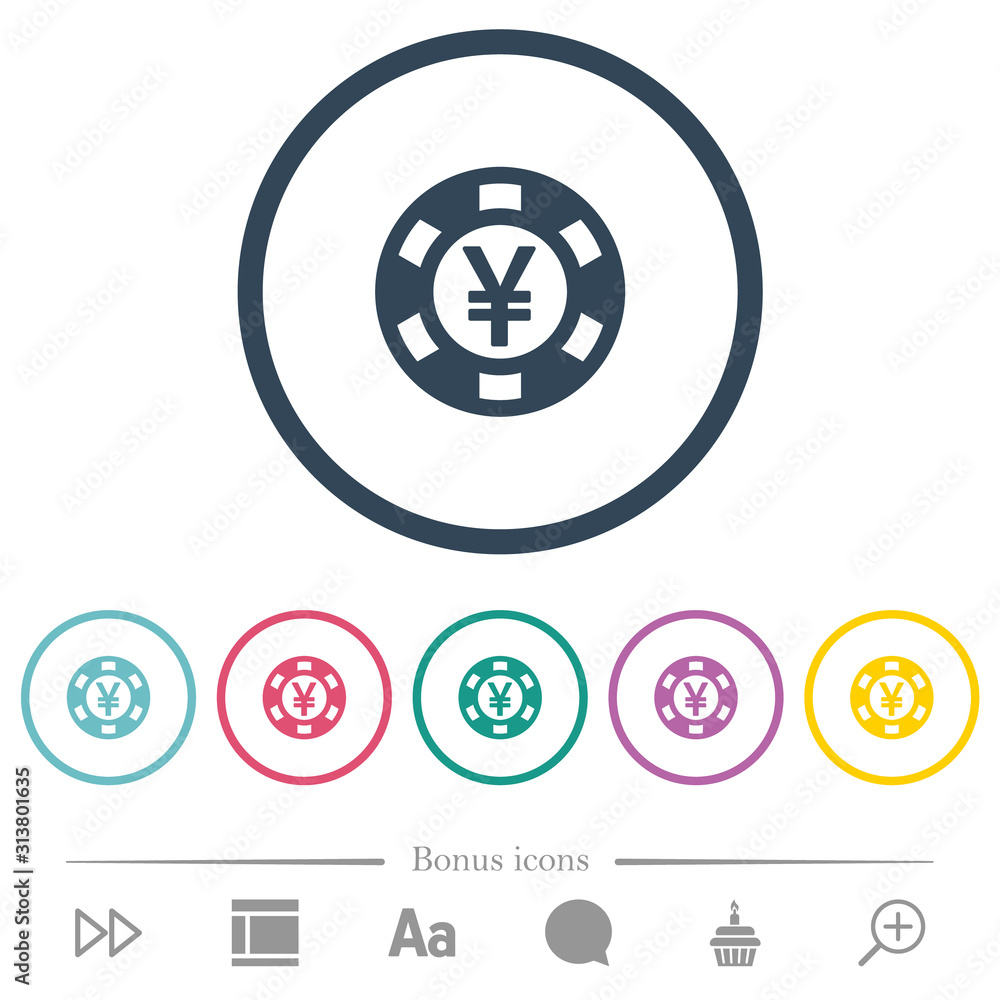 Yen casino chip flat color icons in round outlines Yen casino chip flat color icons in round outlines
