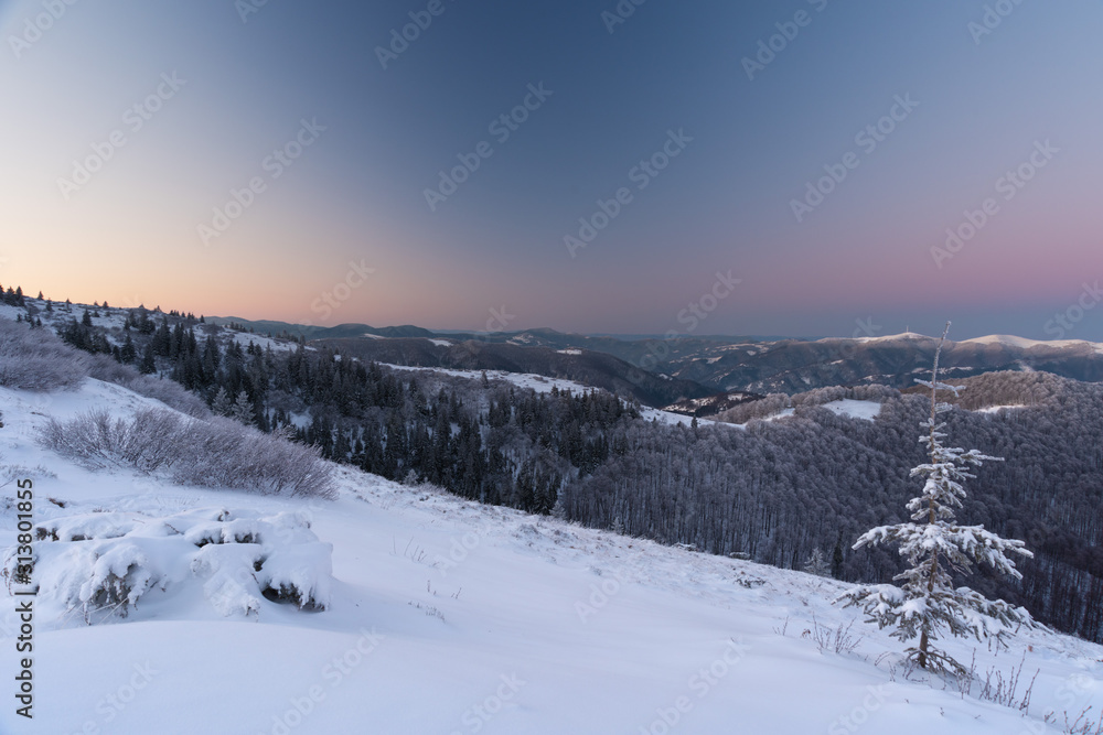 Beautiful pink morning in winter mountains Beautiful pink morning in winter mountains
