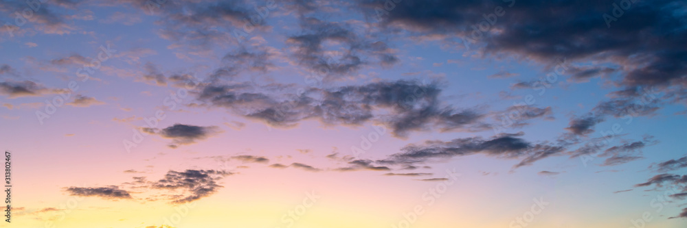 Colorful sky with clouds at sunset, nature panoramic background