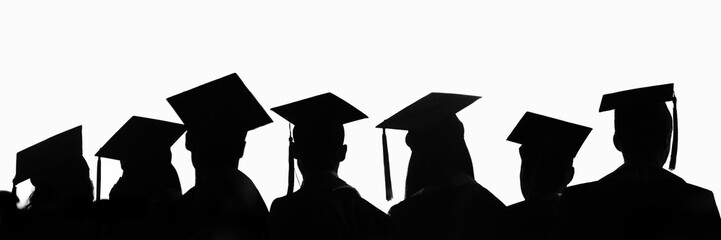 Silhouettes of students with graduate caps in a row isolated on white panoramic background. Class of 2026 graduation ceremony at university web banner.