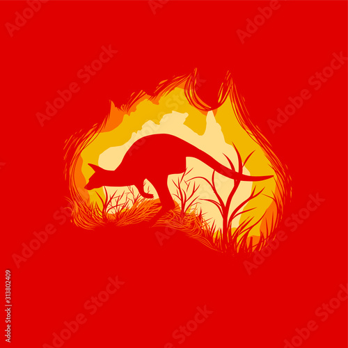vector illustration of a running kangaroo escaping from wild fire in Australia.