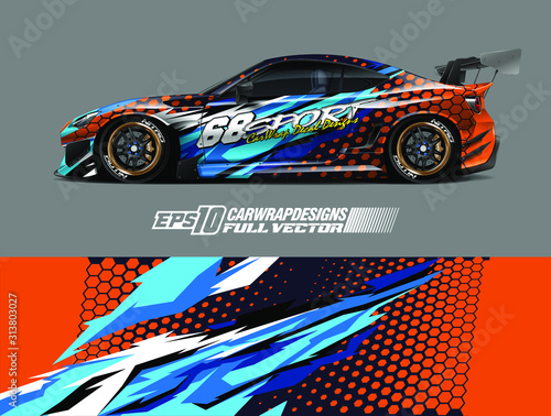 Rally car graphic livery design vector. Graphic abstract stripe racing background designs for wrap cargo van, race car, pickup truck, adventure vehicle. Eps 10