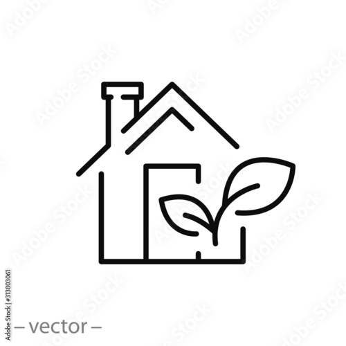 eco house icon, logo green energy in home, environmental clean building, greenhouse concept, modern ecology architecture, thin line symbol on white background - editable stroke vector illustration