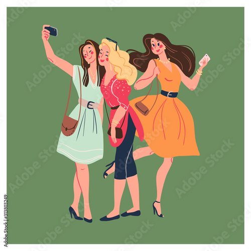 Group of young stylish beautiful modern lady girls with smartphones and making selfie together isolated on green background. Vector flat illustration.