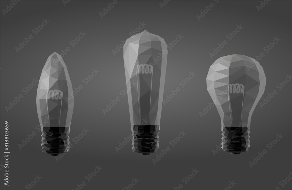Light Bulb in Black and White. Dark Set of Bulbs. Low Poly Vector Greyscale Silhouette 3D Rendering Light Bulb in Black and White. Dark Set of Bulbs. Low Poly Vector Greyscale Silhouette 3D Rendering