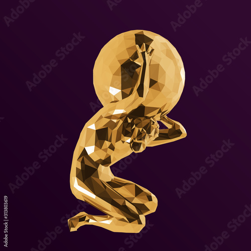 Gold Titan Atlas on Purple Background. Shiny Metallic Golden Low Poly Vector 3D Rendering