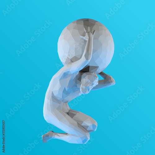 White Plaster Titan Atlas on Blue Background. Low Poly Vector 3D Rendering