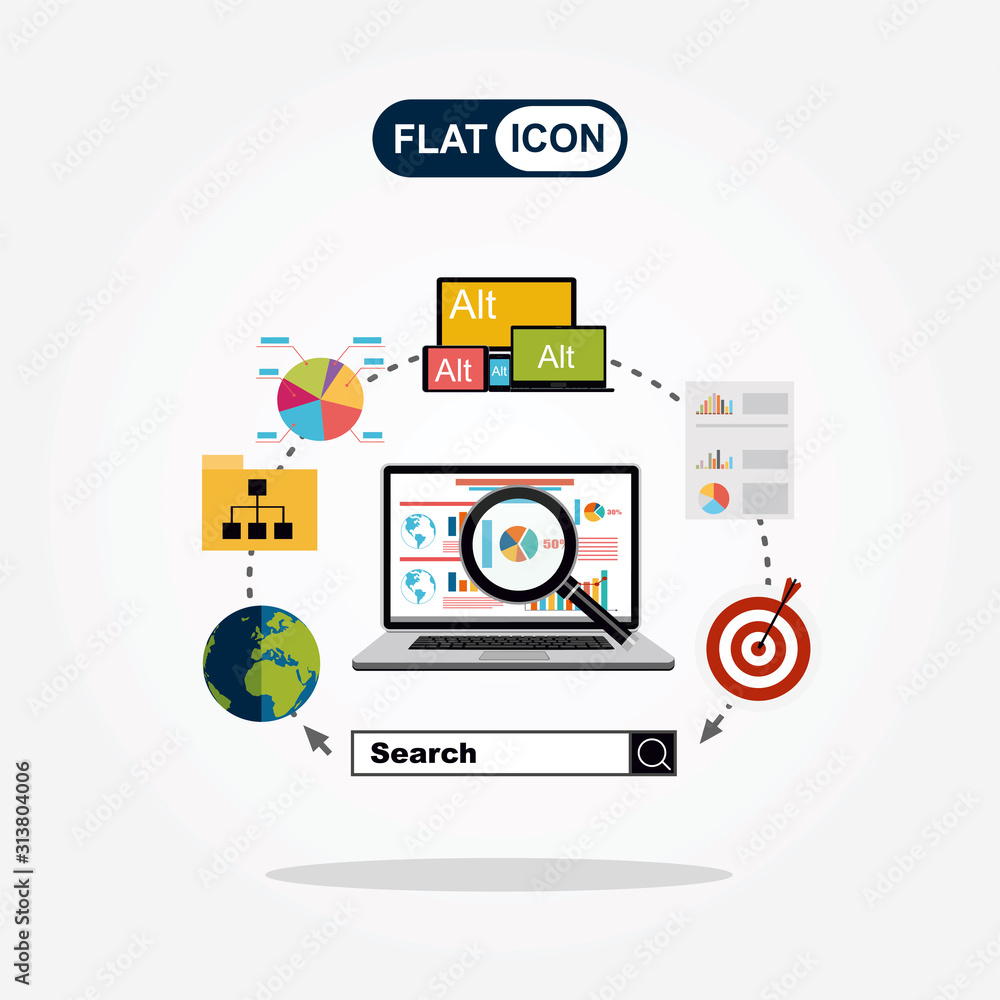 Flat illustration web analytics design , SEO optimization.