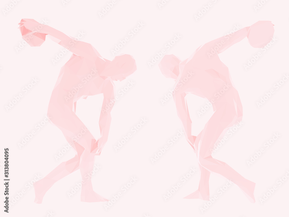 Romantic Ancient Greek Athlete. Set of Pink Discobolus on Feminine Background. Low Poly Valentines Vector 3D Rendering