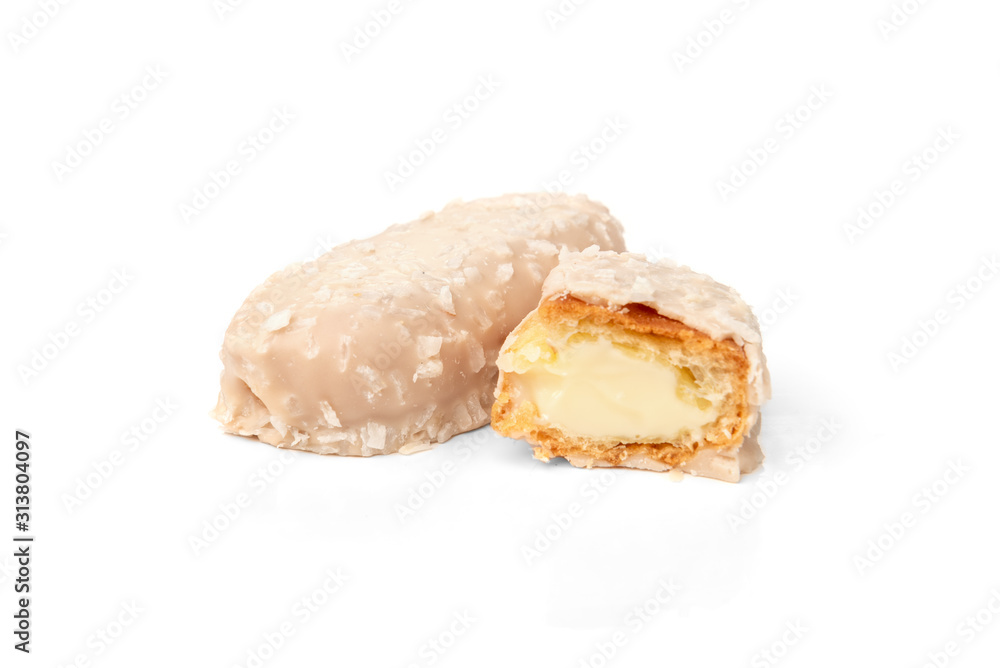 Coconut eclairs or custard cookies isolated on white background. Coconut eclairs or custard cookies isolated on white background.