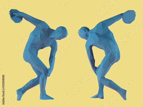 Ancient Greek Athlete. Set of Blue Discobolus on Yellow Background. Low Poly Vector 3D Rendering © VectorVictor