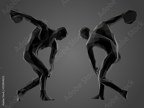 Ancient Greek Athlete in Black and White. Dark Set of Discobolus. Low Poly Vector Greyscale Silhouette 3D Rendering