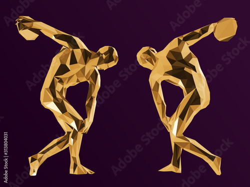 Gold Ancient Greek Athlete. Shiny Metallic Set of Golden Discobolus on Purple Background. Low Poly Vector 3D Rendering