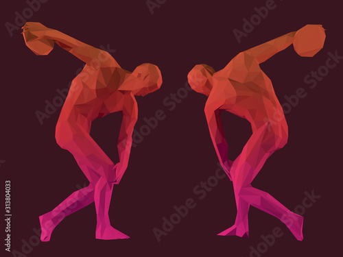 Cool Ancient Greek Athlete. Set of Gradient Discobolus on Dark Background. Low Poly Vector 3D Rendering