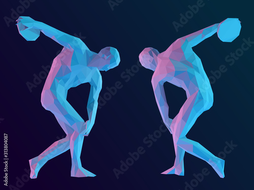 Vibrant Ancient Greek Athlete. Set of Holographic Discobolus on Isolated Background. Low Poly Vector 3D Rendering